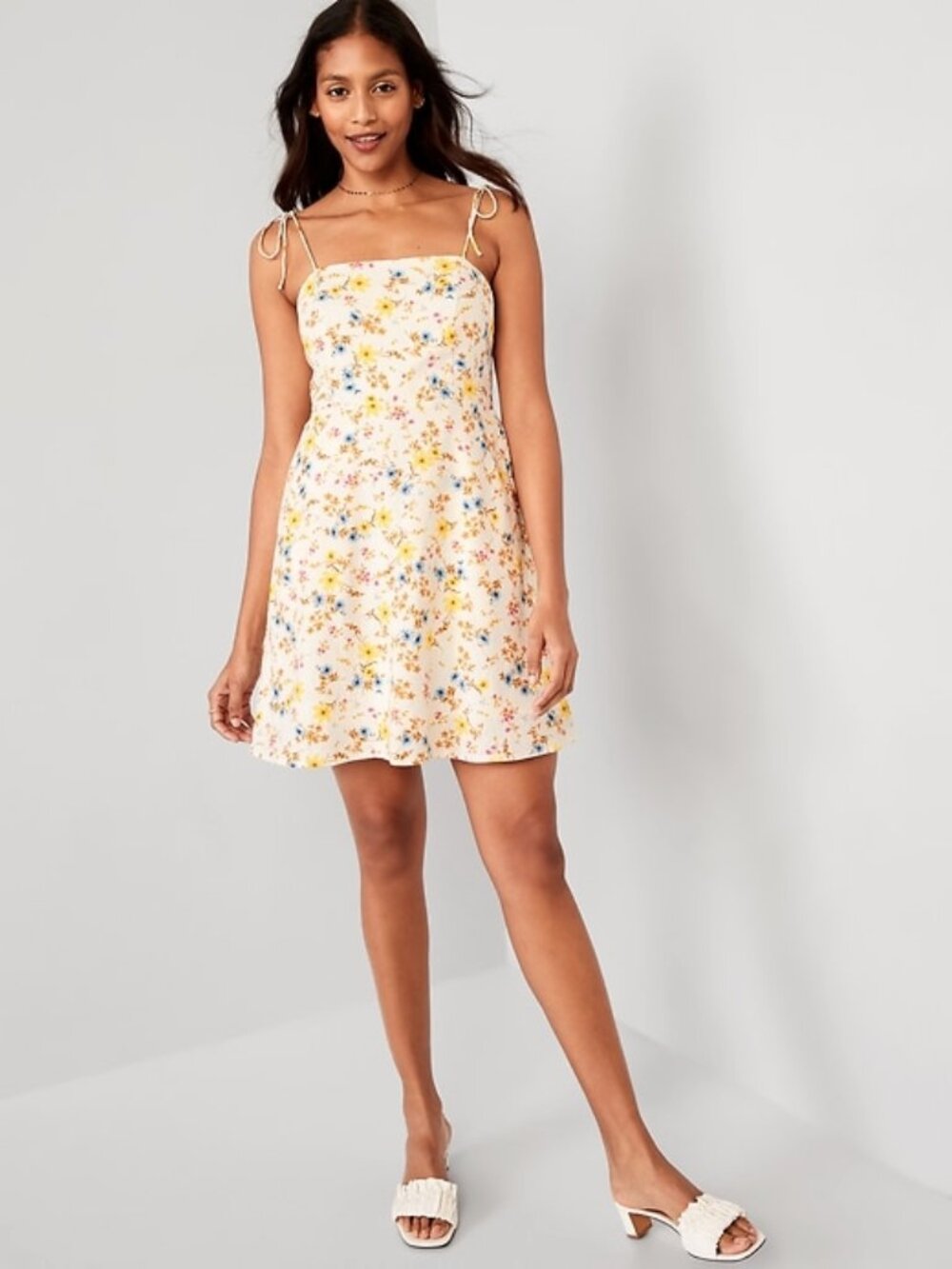 OLD NAVY fit & flare tie strap linen blend floral mini dress (M)